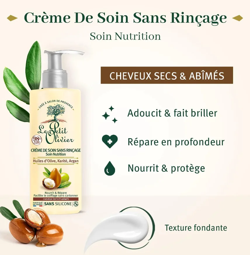 Le Petit Olivier Crème de Soin sans Rinçage Nutritive à l’Huile d’Olive, Karité, Argan – Cheveux Secs & Abîmes -200ml – Image 2
