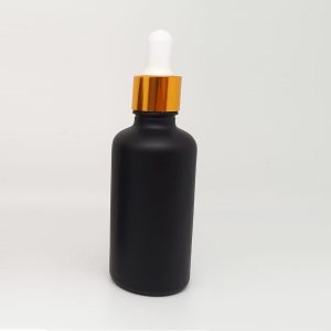 Flacon de luxe noir mat -50 ml- avec capuchon doré et pipette compte-gouttes blanche